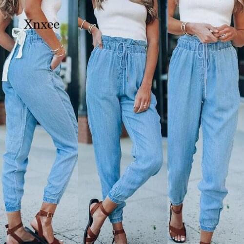 Womens Denim Pants Lace Up Slim Pants Streetwear Streetwear High Waist Leggings Female Loose Stretchy Harlan Trousers Clothing