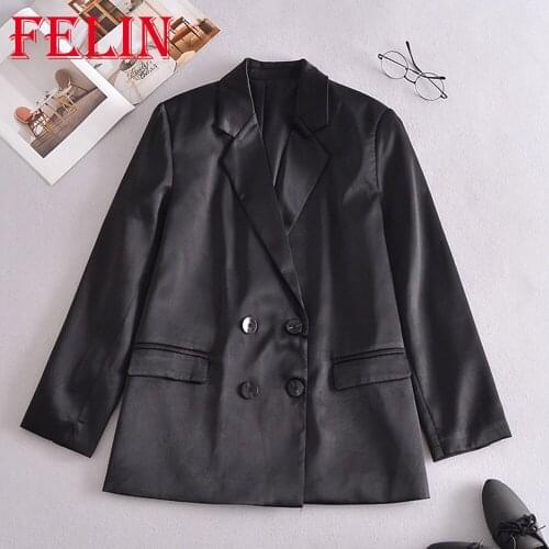 Women Office Lady Chic Black Double Breasted Stain Blazer Za 2021 Pockets V Neck Oversized Long Jackets Stylish Elegant Outwear