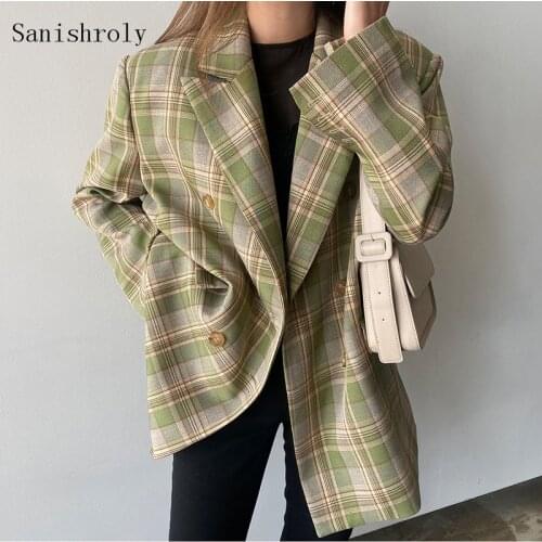 Sanishroly Spring Vintage Women Plaid Blazer 2021 Chic Loose Double Breasted Lady Blazer Stylish Female Long Sleeve Suit Jackets