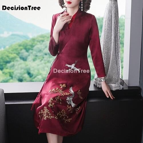 2021 chinese dress satin vintage crane embroidery women oriental robe cheongsam modern female china elegant casual party qipao