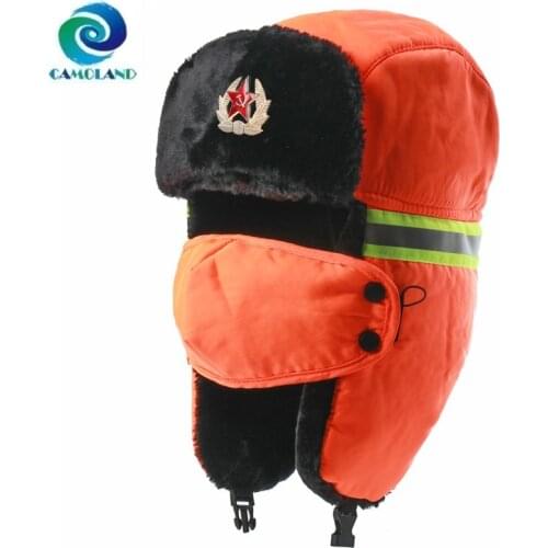CAMOLAND Winter Thermal Faux Fur Bomber Hats For Men Women Reflective Russia Ushanka Hat Waterproof Snow Caps Warm Earflap Cap