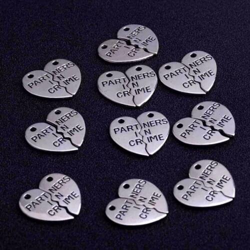 10PC Engraved Partners in Crime Broken Heart Charms Pendants For Bracelet Necklace Jewelry Making DIY Handmade Craft Findings