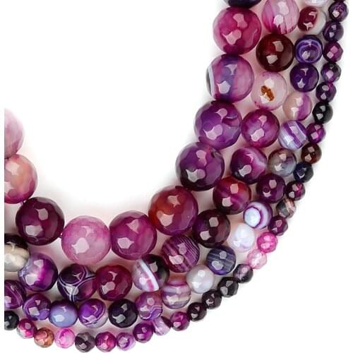 4-14mm Natural Round Faceted Purple Banded Agates Stripe Onyx beads For Jewelry Making Beads 15'' Needlework DIY Beads Trinket