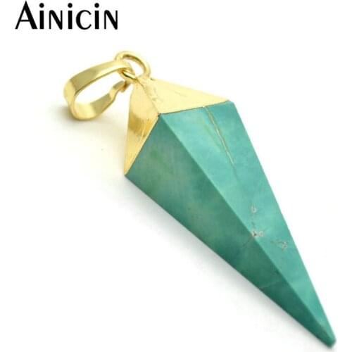 5pcs Green Color Natural Semi-precious Stone Pointed Cone Shape Gold Plating Pendants Fashion Men Women Jewelry Making Findings