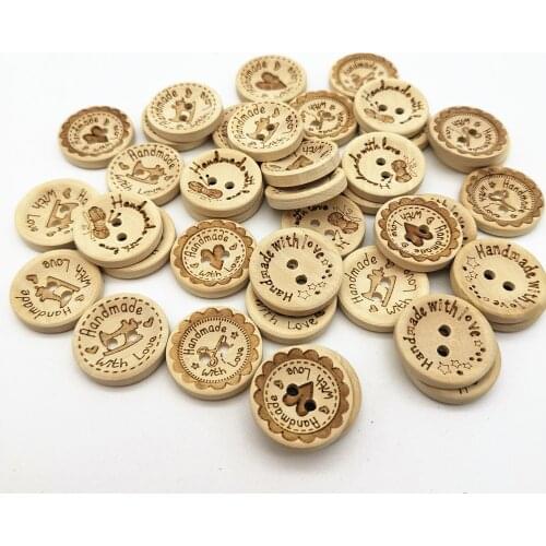 50pcs 20mm Natural Handmade With Love Laser Wood Buttons Round Sewing DIY 2 Hole Crafts For Scrapbooking