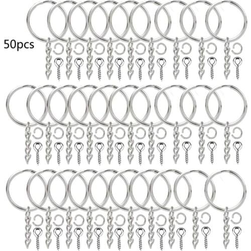 50Pcs Silver Screw Eye Pin Key Chains With Open Jump Ring Chain Extender Eye Pins Split Keyring Jewelry Making Findings