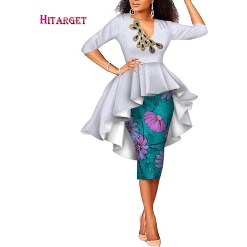 African clothing two piece set skirt African Print+lace Clothing 2 Pieces Skirt Sets for Women African lace Top and Skirt wy3348