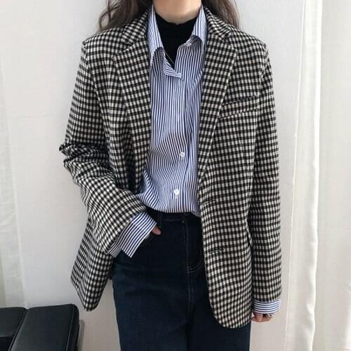 Vintage Single Breasted Plaid Blazer Women Long Sleeve Office Ladies Blazers Spring Fall Jacket Female Outerwear Suit Coats
