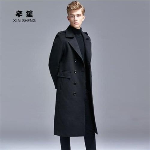 Black woolen coat men trench coats long sleeves overcoat mens cashmere coat casaco masculino inverno england autumn winter black