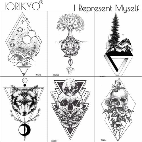 IORIKYO Black Geometric Skull Temporary Tattoo Stickers Men Cool Arm Waterproof Tatoos Women Body Art Painting Fake Tattoo Tree