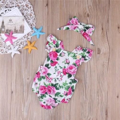 0-18M Baby Girl Floral Rompers Cute Printing Flower Straps Halter Romper with Headband Outfits Set Summer Sunsuit Dropshipping