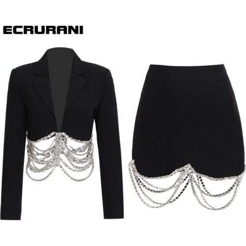 ECRURANI Black Casual Patchwork Skirt Suits For Women Notched Long Sleeve Chian Blazer High Waist Mini Skirts Womens Autumn Set