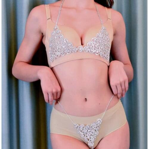 European and American sexy women Rhinestone body jewelry bra underwear set summer beach body chain sling bikini underwear thong