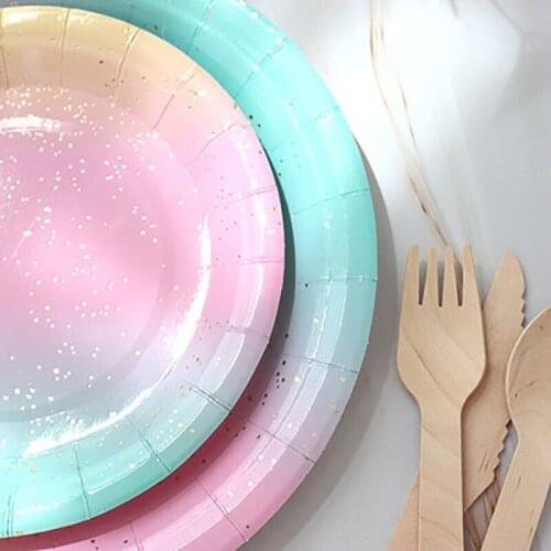 Rainbow Gradient Color Paper Plate Cup Disposable Cake Paper Plate Tableware Set For Wedding Birthday Party Supply Decorative