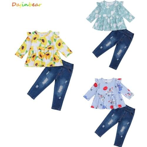 Toddler Girl Fall Clothes Long Sleeve Ruffle Floral T-Shirt + Ripped Denim Pants 2PCS Outfits Set Spring Autumn Outfits