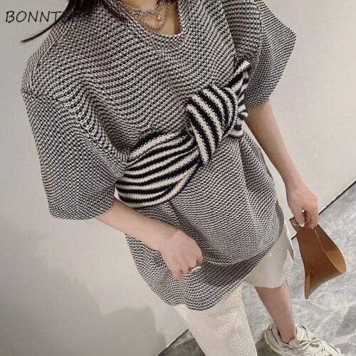 Short Sleeve T-shirts Women Knitted Bow Summer Female Tops O-Neck Design Loose Newest Preppy Style Lovely All-match Daily Cozy