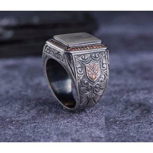 Orange Zircon 925 Sterling Silver Special EngravingsTraditional Handmade Turkish Signet Ring Jewelry Gift for Women Men