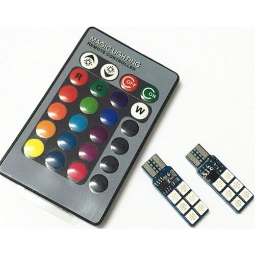 2Pcs Low Consumption High Power Universal Car Wedge Side Light T10 12SMD 5050 RGB LED Reading Lamp Bulb Remote Control#267969