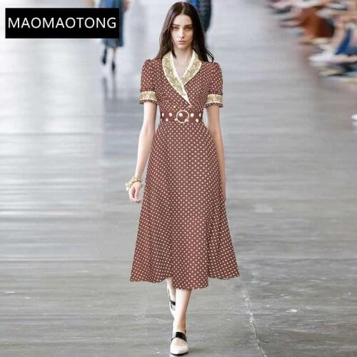 Fashion Designer Dress Summer Womens Dress Gold Line Embroidery turn-down collar Dots Vintage lace-up Slim Dresses