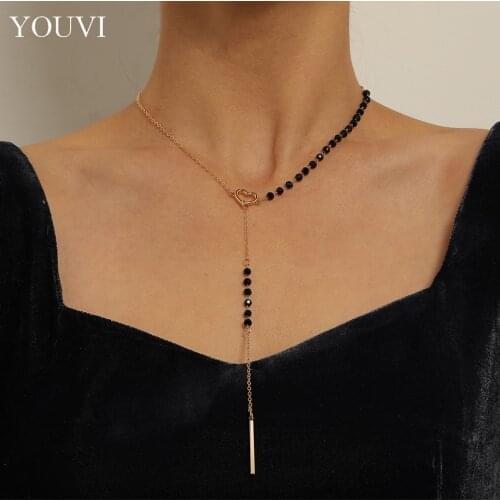 YOUVI Fashion Long Pearl Necklace For Women Boho Black Crystal Pendant Necklace 2021 Trend Choker Heart Lock Chain Jewelry