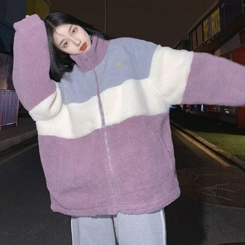 Herstory 2021 New Women Harajuku Winter Faux Fur Coat Female Padded Oversized Lambswool Wool Jacket Lady Patchwork Outerwears