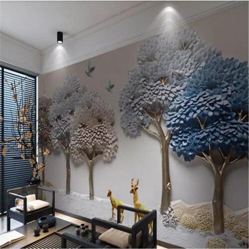 Custom wallpaper 3D three-dimensional embossed fortune tree elk background wall decoration waterproof material