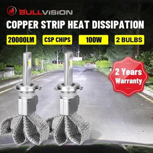 Bullvision H7 LED Headlamp H4 H11 H1 H8 H9 9005 9006 HB3 HB4 20000LM 6000K White CSP Chips Fanless No Noise Bulbs Copper Strips