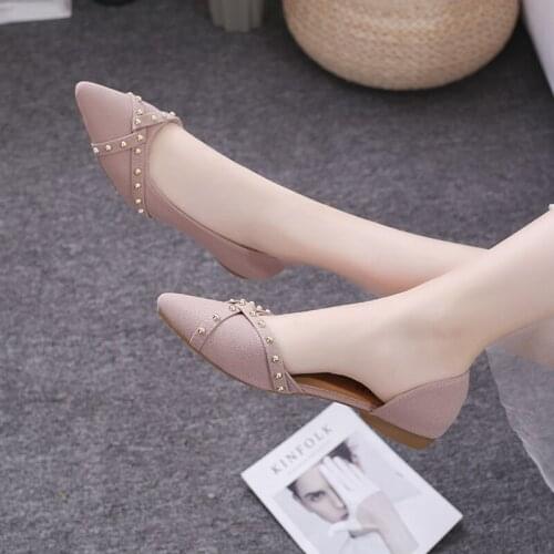 Flat bottom ladies single shoes summer new trend casual pointed shallow mouth pure color beaded womens shoes large size 35-40