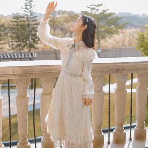 High Quality Spring Womens Fairy Lace Dress Female 2021 French Retro Girl Lace Dress Sweet Bow Tie Princess Fairy Dress Autumn
