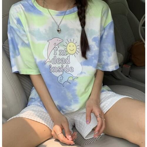 Summer new style tie-dye cartoon printing round neck loose casual t-shirt half sleeve college style top women
