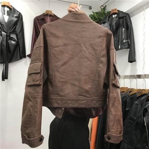 Fashion PU Faux Leather Coat Women 2021 Spring Autumn Lapel Pockets Short Motorcycle Jacket Ladies Outerwear Streetwear G1137
