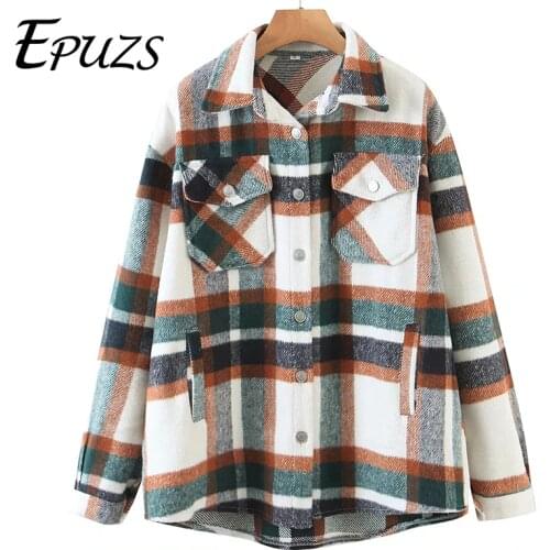 Vinatge Lapel Plaod Oversize Jacket Coat 2021 Spring Fashion Slim Warm Button Jacket Coat Famale Outerwear Chic Top EPUZS