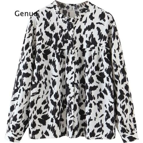 Women Cow Printing Leopard Print Long-Sleeved Straight Shirt Turn-Down Collar Top Female Streetwear T-Shirt Blusas Girls Blouses