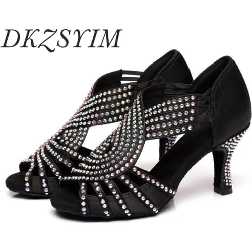 DKZSYIM Latin Dance Shoes Women Black Party Dance Shoes Satin+Rhinestone Soft Bottom Tango Dance Shoes Ladies Autumn High Hells
