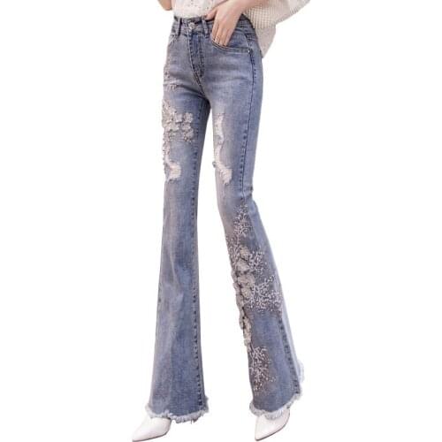 Women Spring Jeans 2021 Fashion Ladies Flared Trousers High Waist All-match Slim Pants Elegant Embroidered Fringed Jeans OK1049
