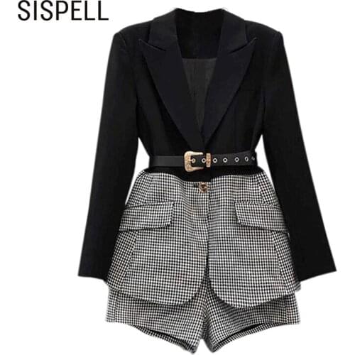 SISPELL Elegant Two Piece Sets For Female Lapel Collar Long Sleeve Patchwork Palid With Belt Coat High Waist Shorts 2021