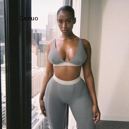Fitness Sporty Women Tracksuit Sleeveless V-Enck Tank Stretchy Leggings Ribbed Bra Two Piece Set Solid Streetwear Outfits