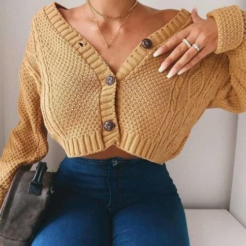 2020 New Twist Knit Women Tops Coat Short V-neck Sexy Clothes With Navel Knit 4-color Bat Sleeve Single-breasted Button Cardigan