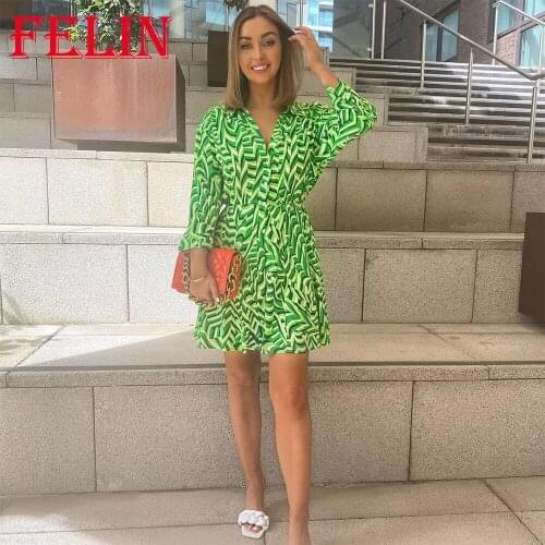 Za 2021 Women Chic Green Geometric Print Vintage Mini Shirt Dress Long Sleeve V Neck Ruffles Elegant Dress Stylish Sexy Vestidos