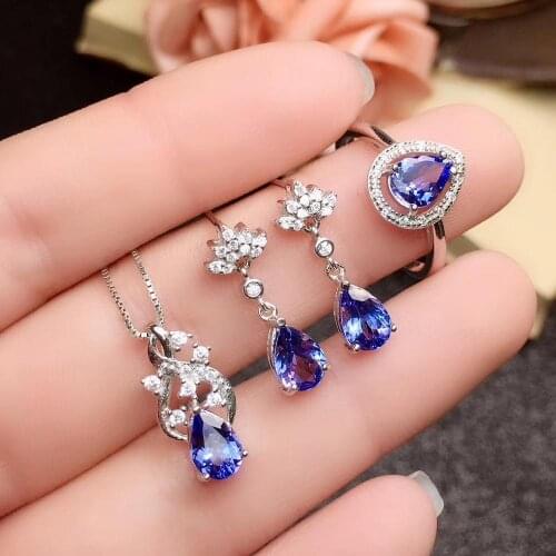 100% Real Natural Tanzanite Set 925 sterling silver 1pc Tanzanite Ring,2pcs Tanzanite Earring,1pc Tanzanite Pendant