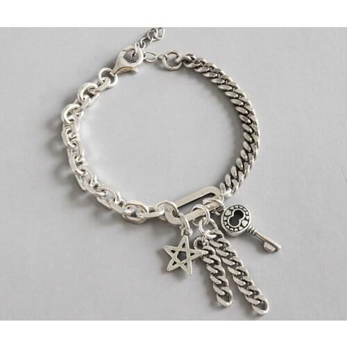 100% S925 sterling silver Vintage Handmade Luck Chain Key Star Charm Bracelet Bangle Chain Ethnic Tribal Bohemian Woman Gift