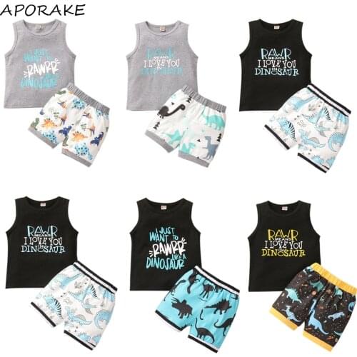 2021 0-3Y Toddler Baby Boy Clothing Letter Print Sleeveless Vest Top+Cartoon Dinosaur Print Shorts Kids Outfits Set Summer 2pcs