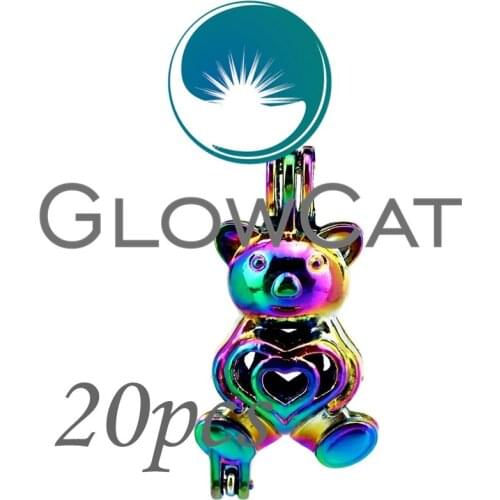 20x CC290 Rainbow Color Animal Bear Heart Beads Cage Jewelry Making Essential Oil Diffuser Pearl Cage Locket Pendant