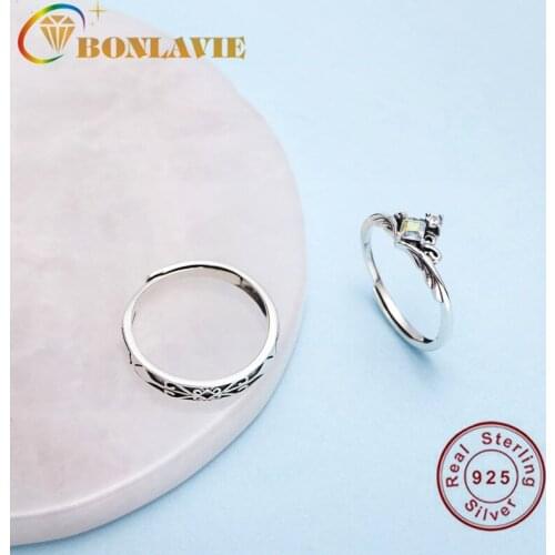BONLAVIE Princess and Knight Couple Ring A Pair of 925 Sterling Silver Open Ring Retro Court Ring Fine Jewelry Gift