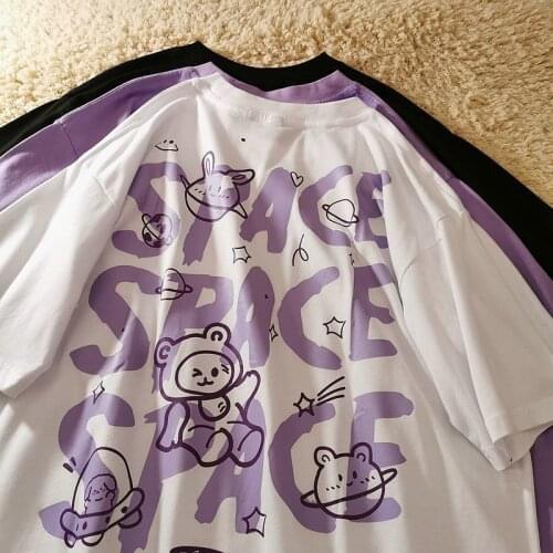 Cotton bear graffiti short sleeved space print T-shirt loose 2021new summer trend half sleeved retro Harajuku style couple shirt