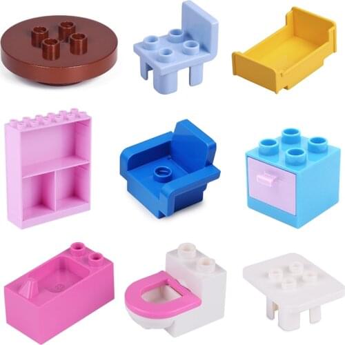 Building Block Table Chair Cradle Accessories Bathroom Home Furnishing Decoration Brick Play House Girl Toys For Children Gift