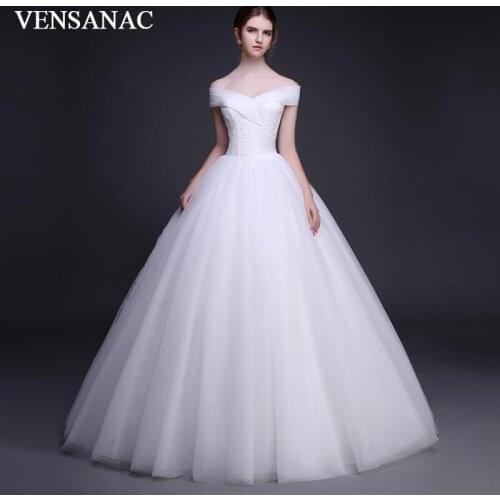 VENSANAC 2018 Pleat V Neck Lace Embroidery Ball Gown Wedding Dresses Off The Shoulder Short Sleeve Tulle Bridal Gowns