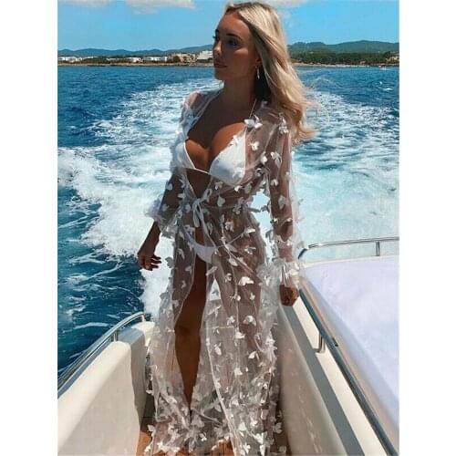 Summer Women Beach Dress Cover-Ups Sexy Beach Outing Swimwear Cover Perspective Long Cardigan Tops