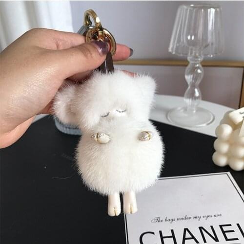 Trendy Lovely Mink Keychain Real Fur Cute Sleeping Sheep Pendant Metal Keyring Women Bag Ornament Toys Jewelry Trinket Gifts
