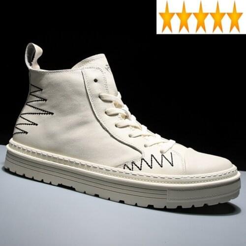 Korean Brand New Mens Autumn Casual Genuine Leather Fashion Warm Breathable Round Toe Lace Up Falt Male High Help Shoes